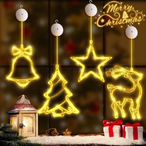 Kal-Guirlande Lumineuse De Noël - Lot De 4 Led Lumières De Fenêtre Avec Ventouses Pour Décoration Intérieur Extérieur - Rideau Lumineux Blanc Chaud - Neuf