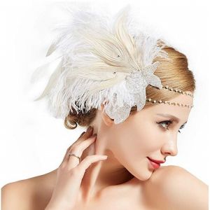 Coiffe De Mariée Art Déco Des Années 1920, Serre-Tête À Plumes Style Années 20 Avec Médaillon En Forme De Feuille Et Perle Pour Un Mariage Sur Le Thème De Gatsby Le Magnifique - Neuf