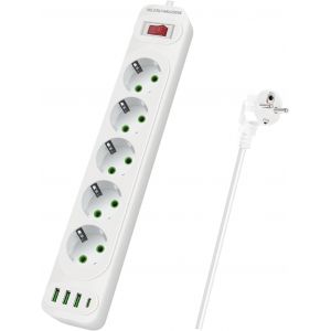 Ytfhg-Multiprise Electrique(10a 2500w), Multiprise Parasurtenseurs 5 Prises, Avec 3 Usb Y 1 Type C, Rallonge 2m, Sécurité Enfant, Pour Smartphone Tablette (Blanc) - Neuf