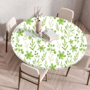 Nappe De Table Ronde Avec Bord Élastique, Nappe Ronde Anti-Tache Antidérapante Exterieur Table Protection Extensible Pour Cafe Cuisine Fête Table (130cm,Fleurs Vertes) - Neuf