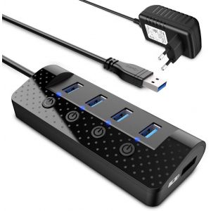 Hub USB alimenté, Hub USB 3.0 à 4 Ports Plus Ports dédiés à la Charge avec interrupteurs Marche/arrêt - Adaptateur d'alimentation Inclus Concentrateur USB 3.0 avec Alimentation Externe - Neuf