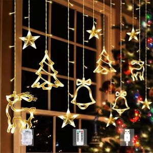 JGD-Rideau Lumineux No&euml;l, Guirlande Lumineuse Fen&ecirc;tre Cloche Wapiti, 3.5m 8 Modes Lumi&egrave;res de Noel, Guirlande USB et T&eacute;l&eacute;commande IP44 pour Chambre Fenetre Mariage, D&eacute;corations de No&euml;l - Neuf