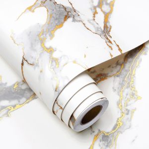ERYI-Papier Peint Adhesif Marbre Papier Peint Blanc Et Or Vinyle Adhesif Pour Credence Cuisine Gris Lavable Papier Peint Adhesif Mural Blanc Salon Marbre Revetement Mural Adhesif Blanc 40Cmx2M - Neuf