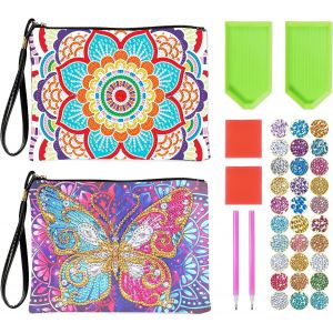Kalanka-Diamond Painting Lot De 2 Trousses De Maquillage Diy Avec Strass - Sac De Poignet Pour Femme - Sac De Maquillage Pour Les Voyages, La Vie Quotidienne, Motif Mandala Et Papillon - Neuf