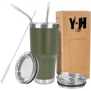 Tianyi-30oz (850ml) Gobelet De Voyage Tasse À Café À Paroi Double Isolée Sous Vide Acier Inoxydable,Avec 2 Couvercles Anti-Éclaboussures, 2 Pailles Et Brosse De Canalisation, Sans Bpa - Vert Militair - Neuf