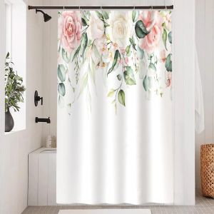 KAL-Rideau Douche Anti Moisissure, Rideau Douche 120X200Cm Feuilles D'Eucalyptus Vert Fleuri Rose Rideaux De Baignoire Tissu Lavable Imperméable Polyester Rideaux Salle De Bain Avec 8 Crochets - Neuf