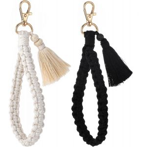Kal-2 Pièces Porte Clés Macrame Bracelet Bohème Porte Clés, Femme Porte Clés Poignet Lanière, Porte-Clés Pour Femme En Macramé Fait À La Main, Pour Clés, Clés De Voiture, Sac À Main (Blanc, No - Neuf