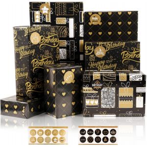Lot De 6 Feuilles De Papier Cadeau D'anniversaire - Pour Homme, Femme, Enfant - Noir Et Doré - Pour Anniversaire, Remise De Diplôme - 70 X 50 Cm - Neuf