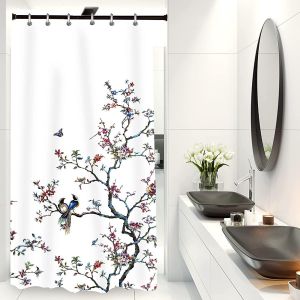 Rideau de douche en tissu anti-moisissure pour homme et femme avec 12 crochets Motif oiseaux Blanc 90 x 180 cm - Neuf