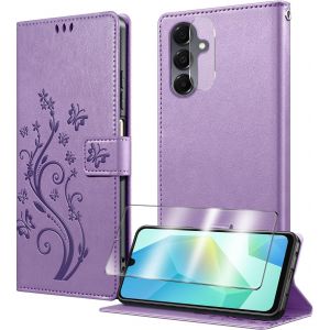 CAUC-Coque pour Samsung Galaxy A17 avec 1 Verre Tremp&eacute;,1 Protection Camera,&Eacute;tuis Rabat [Housse en Cuir PU][Fentes pour Cartes][Pochette de Portefeuille][Stand Feature]- Violet - Neuf