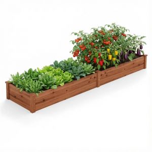 Carr&eacute; Potager en Bois Sapin COSTWAY 240 x 60 x 25cm, 2 Bacs &agrave; Fleurs, Base Ouverte, Lit de Jardin pour Fleurs Herbes Fruits, Marron - Neuf