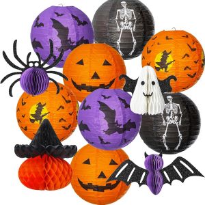 TRAHOO-12 Pi&egrave;ces Halloween Lampe en Papier D&eacute;corations Lanterne Pliante Suspendue en Papier Citrouille, Fant&ocirc;me, BatChauve-Souris Araign&eacute;e pour F&ecirc;te d'Halloween - Neuf