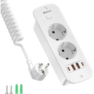 Prise int&eacute;gr&eacute;e avec 4 USB, multiprise d'installation &agrave; 2 voies avec interrupteur, prise int&eacute;gr&eacute;e avec 2 USB A+2 USB C (PD 20 W), multiprise avec c&acirc;ble spiral&eacute; de 2 m pour meubles de plan de travail - Neuf