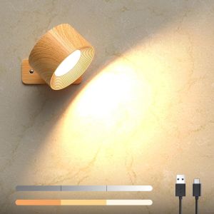 Applique Murale Interieur, Lampe Murale Sans Fil Lampe Rechargeable, 3 Niveaux De Luminosit&eacute; 3 Temp&eacute;ratures Rotatifs 360&deg; Applique Murale Chambre (Grain De Bois Couleur) - Neuf