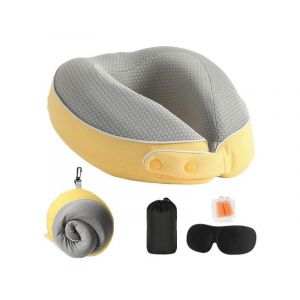 Oreiller de voyage en mousse &agrave; m&eacute;moire de forme avec masque pour les yeux et bouchons d'oreilles - Jaune - Neuf