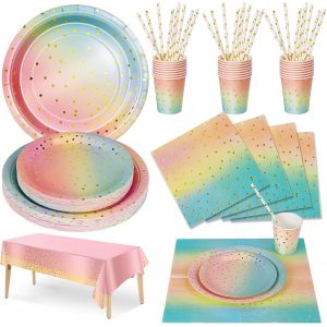 Mevronisshop-126pcs Pastel Arc En Ciel Party Vaisselle,Kit Vaisselles Anniversaire Assiette D&icirc;ner Papier Tasse Serviette, Enfants Party F&ecirc;te Mariages Baby Shower No&euml;l -25 Invit&eacute;s - Neuf