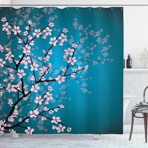 Rideau De Douche Japonais, Motif Sakura Bloom, Ensemble De Décoration De Salle De Bain En Tissu Avec Crochets, 180 Cm X 180 Cm, Bleu Pétrole Pâle Rose - Neuf