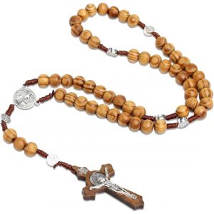 Kal-Collier Chapelet En Bois, Collier Chapelet Croix Catholique, Collier De Perles De Prière En Bois Naturel, Pour Communion Religieuse Des Chrétiens Catholiques, Baptême, Messe, Bible - Neuf