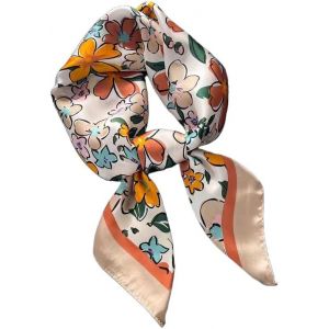 Ershi-Femmes 70 X 70 Cm Foulard En Soie Simulée Fleurs Foulard Cravate Bandana Pied-De-Poule, C02 Floral Light Coffee/Orange, 70cm[1 - Neuf