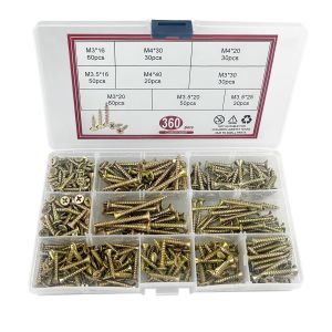ChenQuanSarl-360 Pièces Vis À Bois Autotaraudeuses, Zingué Jaune Extra Fort, Vis Autoperceuses À Empreinte Cruciforme Pozidriv, Vis À Tête Plate Croisée, Vis Pour Panneaux D'Aggloméré,M3/M3.5/M4 - Neuf