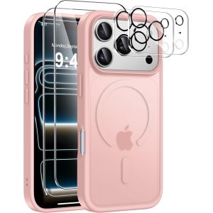 5 In 1 Magn&eacute;tique Coque Pour Iphone 17 Pro Avec 2 Verres Tremp&eacute;s Et 2 Cam&eacute;ra Protecteur, Compatible Magsafe Dos Anti Rayures &Eacute;tui Antichoc Tpu Bumper Housse 6,3"" -Rose - Neuf