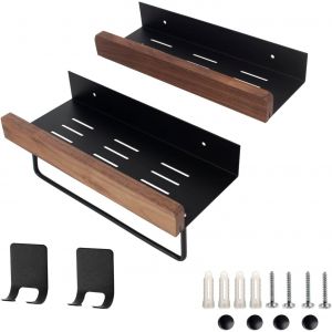 Etanche Etagere Salle De Bain En Alliage D'aluminium Noir Étagères De Douche Flottantes De Largeurs Différentes De 30 X 9 Cm Et 30 X 11,5 Cm Équipées D'un Porte-Serviettes De 2 Crochets En Acier - Neuf