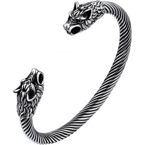Eryi-Bracelet Viking Homme,Bracelets Tête De Loup Fenrir/Corbeau/Dragon,Acier Inoxydable/Noir,Jonc Ouverte,Bijoux Nordique Gothique (Boîte Cadeau) - Neuf