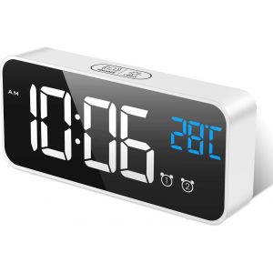 KAL-Réveil Numérique, Horloge Digitale Réveil Matin Miroir Led Grand Ecran Aver Température/Snooze/ 2 Alarme, Luminosité Et Son Réglable, Activation Sonore, Usb Charge Clock Pour Maison Bureau,Blanc - Neuf