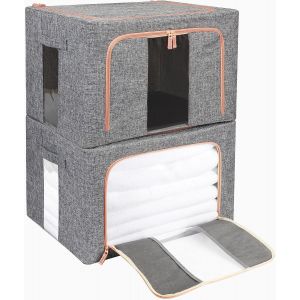 Lot de 2 Bacs Rangement Pliables pour Placards avec Armatures en Acier-Housse Rangement Vetement avec Fenêtres & Poignées Transparentes-Armoire,Étagères,Tiroirs,Vêtements,Literie - Neuf