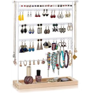 Porte-Bijoux, &Agrave; 100 Trous, Organisateur De Boucles D'oreilles, En M&eacute;tal, &Agrave; 5 Niveaux Avec Base En Bois, 35 X 27 Cm, Pour Le Rangement - Neuf