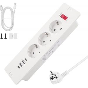 Multiprise avec Interrupteur + 3 Prises 2 USB et 2 Type C 3000W Prise Encastrable de Table Prise Encastr&eacute;e Plan de Travail Cuisine avec C&acirc;ble de 1,7M pour Meuble Maison Bureau - Blanc - Neuf