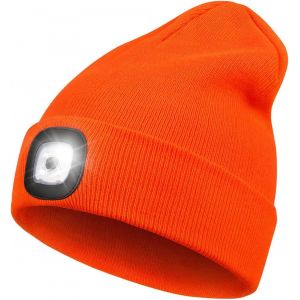 Bonnet Led Orange Rechargeable Par Usb, Mains Libres, 4 Led, Lampe Frontale, Bonnet Tricoté D'hiver, Lampe Torche, Cadeau Pour Homme Et Femme - Neuf