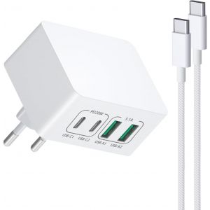 40W Plat USB C Charger, 4Port Slim Chargeur Type C Prise USB Multiple Chargeur Rapide Adaptateur Compatible avec iPhone 15 Samsung, Pixel, Tablets, avec C&acirc;ble USB C 2M(Blanc) - Neuf