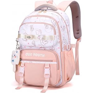 Cartable Fille Primaire Collège- Sac A Dos Enfant Léger et Imperméable d'une Capacité de 32 litres pour les Filles âgées de 8 à 16 ans,Sac D'école en Nylon avec Pendentif Mignon,Rose - Neuf