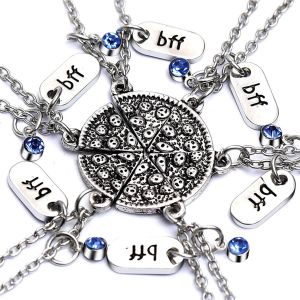 Kal-6 Pièces Collier D Amitie Pour 3 Filles, Collier Best Friends Pour 3 4 5 6 Filles, Collier Bff Pour 2 Femme Argent, Cristal Collier Pizza Pendentif Pour Soeur Friend Cadeau Anniversaire - Neuf