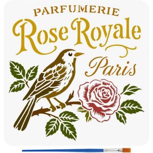 TIANYI-Pochoir de Peinture Oiseau sur Branche Avec Pinceau 30x30cm Rose Royale Parfum Texte Dessin Modèle Rétro Rose Fleur Décoration Pochoir pour Peinture sur Bois Mur Tissu Meubles - Neuf