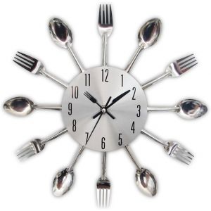 Horloge de cuisine effet miroir avec cuillère, fourchette, autocollant amovible en 3D pour la décoration de la maison 32*32*4CM argent métallique - Neuf