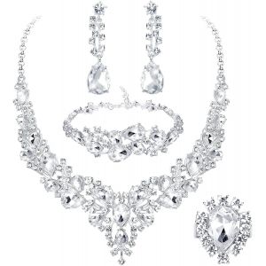 4pcs Parure Mariage Mariée Pour Femme Cristal Mariée Collier Vintage Strass Boucle D'oreille Et Bracelet Zircon Bague Ensemble Mariage Fiançailles Mariée Demoiselle D'honneur Bijoux.[Y68] - Neuf