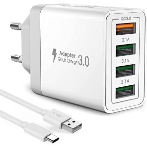 Chargeur Usb 4 Ports,Quick Charge 3.0 + 3 Usb-A Avec Câble Universel Type-C,Chargeur Multi Usb Compatible Avec Téléphones,Tablettes,Appareils Photo,Consoles De Jeux Et Autres Périphériques Usb.[F100] - Neuf