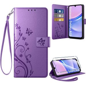 Sansh-Coque Pour Samsung Galaxy A15 4g/5g + 1 Verre Trempé, Retro Design Housse Premium En Cuir Pu Pochette De Portefeuille Pour Porte Cartes Fonction Stand Flip Etui Pour Samsung A15, Violet - Neuf