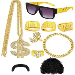 Kal-10 Pièces Accessoires Rap,80s 90s Accessoires De Rappeur,Hip Hop Et Or Signe De Dollar,Accessoire Annee 80/90,Chaîne Pour Concerts De Rap,Hip Hop Ensemble Accessoires Pour Concerts De Rap - Neuf