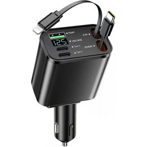 JGD-5 en 1 Chargeur Allume Cigare Voiture USB C, Prise Allume Cigare 12V/24V, Retractable Chargeur Voiture avec USB-C/USB-A pour iPhone, Android - Neuf