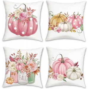 Cauc-Housses De Coussin Automne Citrouilles Fleurs Rose Orange Citrouille Taies D&iquest;Oreiller D&eacute;coratives Pour Canap&eacute; Lit Maison 45 X 45 Cm 4 Pi&egrave;ces - Neuf