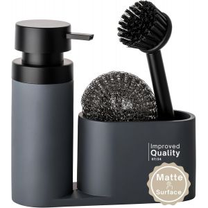 Sjzg-Ensemble D'organisateur D'&eacute;vier &reg; - Pierre Artificielle Avec Brosse Et &Eacute;ponge En Acier - Distributeur De Liquide Vaisselle - Finition Noire Mate, D'&eacute;vier &Eacute;l&eacute;gant Et Fonctionnel | Gris - Neuf