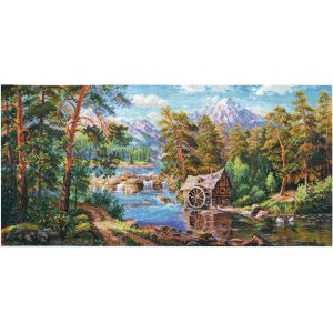 Kit Point De Croix Compt&eacute; "Paysage Avec Moulin &Agrave; Eau" 53x26 Cm - Neuf
