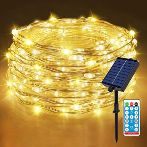 KAL-Guirlande Lumineuse Solaire D'Extérieur - 10 M - 100 Led - Fil De Cuivre - Avec Minuterie + Télécommande + 8 Modes + Ip65 - Résistant Aux Intempéries - Pour Balcon, Fête - Blanc Chaud - Neuf