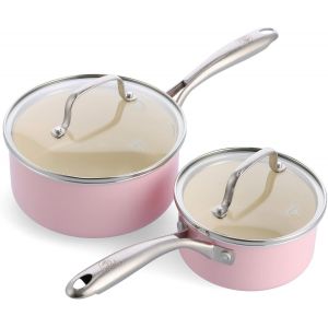 Checarzhn--No1-Artizan Set De Casseroles 14cm/1l & 18cm/2l En Antiadhésive Céramique Saine, Sans Pfas, Poignée En Acier Inoxydable, Convient Avec L'induction, Va Au Lave-Vaisselle & Au Four, Rose - Neuf