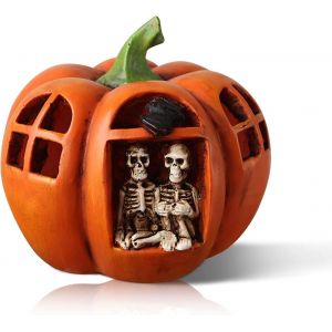 Lampe citrouille d'Halloween en r&eacute;sine creuse avec t&ecirc;te de mort et lumi&egrave;re LED - Neuf