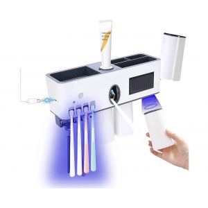 Porte-brosse &agrave; dents mural avec st&eacute;rilisateur UV et distributeur de dentifrice int&eacute;gr&eacute;, &eacute;clairage LED UVC, rechargeable par USB. - Neuf