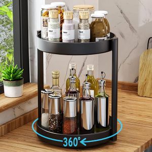 MEVRONISSHOP-Organisateur de plateau tournant &agrave; 2 &eacute;tages, en acier m&eacute;tallique, rotatif &agrave; 360&deg;, &eacute;tag&egrave;re &agrave; &eacute;pices multifonctionnelle, pour cuisine, salle de bain, cosm&eacute;tique, 25 cm, noir - Neuf